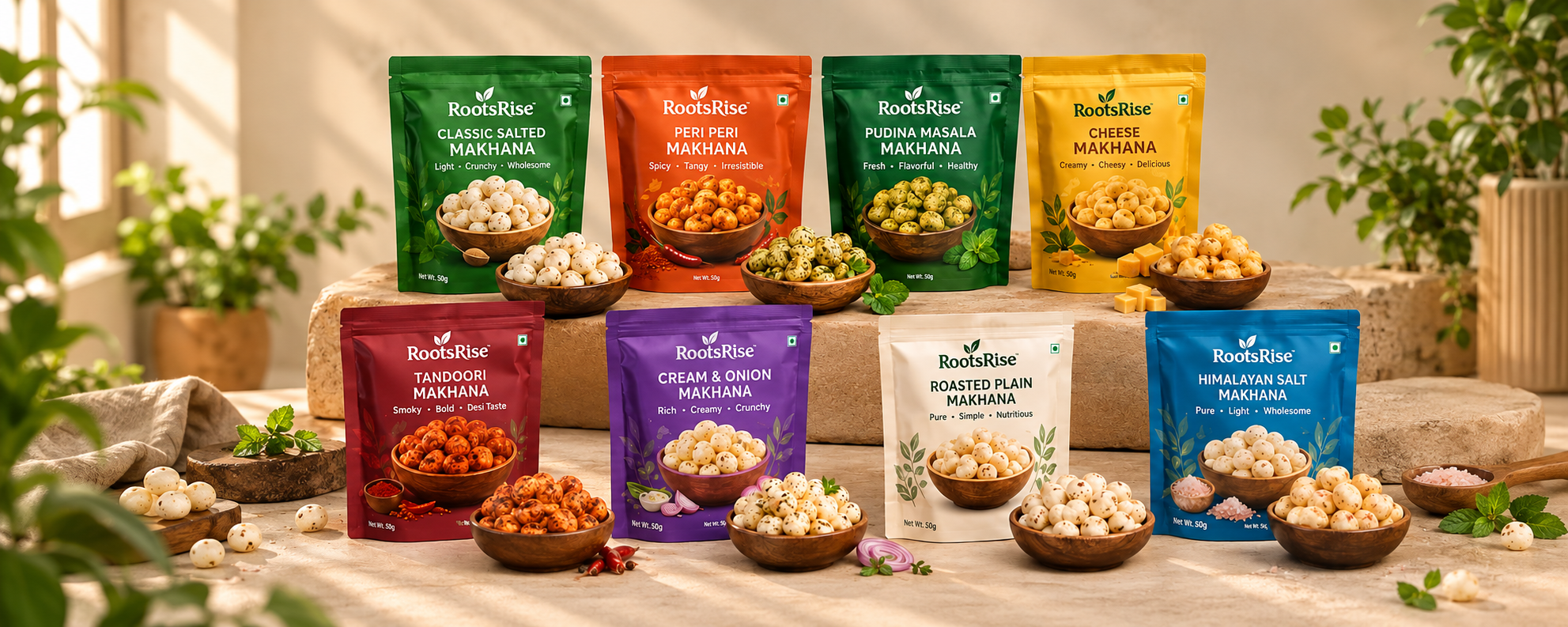 RootsRise flavoured Makhana collection featuring eight flavours